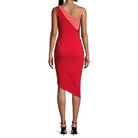 Lipsy London One-Shoulder Red Sheath Dress Asymmetrical-Pleat Cutout Stretch 12 - Picture 2 of 12